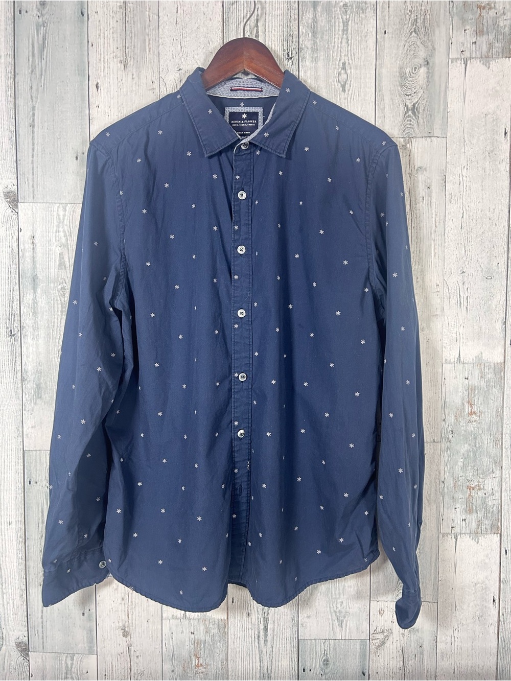 Denim & Flower Ricky Singh Mens XL Navy Snowflake Shirt Slim Fit Winter Cotton
